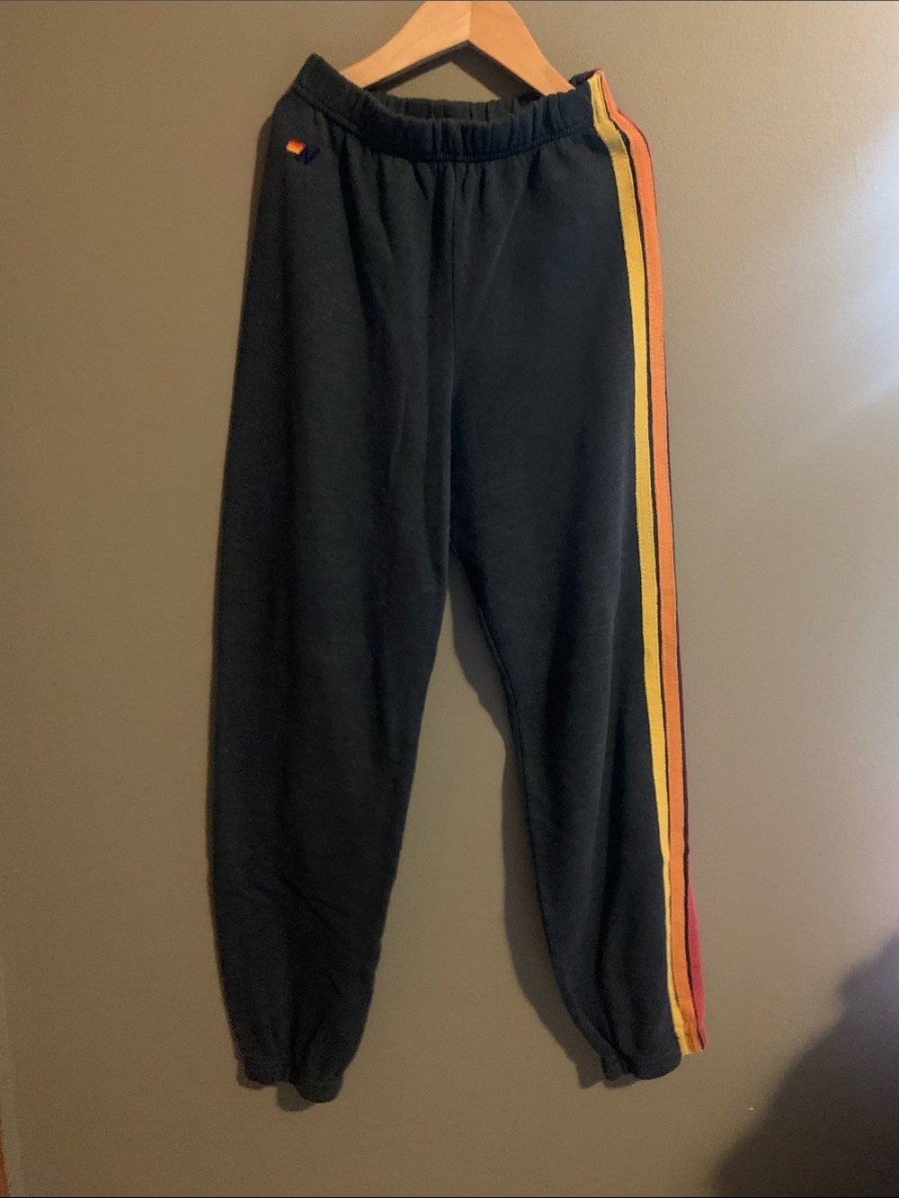 Aviator Nation girls dark gray sweatpants with Yellow, Orange & Red Side Stripes